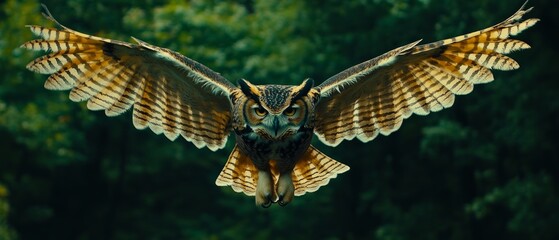 Wall Mural - An owl elegantly flies through lush green trees, showcasing its impressive wingspan under the soft light of evening. Nature's beauty unfolds in this moment