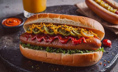 Poster - Hot dog with mustard and ketchup on it. The hot dog is sitting on a table