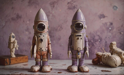 Aufkleber - Two small robots are standing next to each other. One is purple and the other is pink. They are both wearing space suits