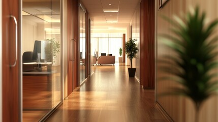 Aufkleber - A long hallway with a potted plant in the middle