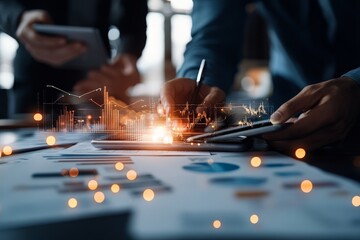 Poster - A business team collaborates around a table, analyzing financial data with a futuristic interface overlay, emphasizing teamwork, innovation, and digital transformation.