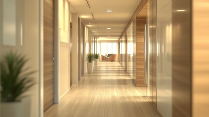 Poster - A long hallway with a plant on the left and a chair on the right