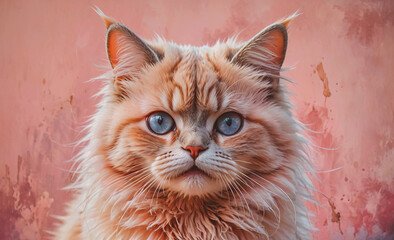 Poster - Cat with blue eyes and a pink background. The cat has long hair and is looking at the camera