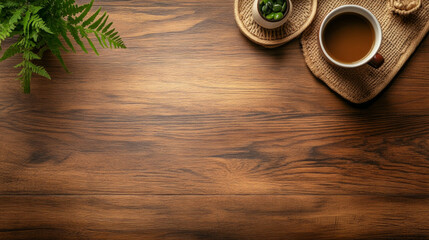 Fototapete - Table top background. Wooden table mock up background minimalistic copy space countertop top view
