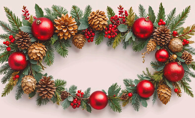 Poster - Beautiful wreath made of red and green pinecones and berries is displayed. The pinecones are arranged in the center of the wreath, with some of them being larger and others smaller