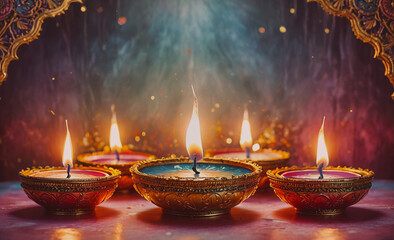 Poster - Group of five candles are lit and placed in a gold bowl. The candles are evenly spaced and the bowl is large enough to hold all of them. The candles are lit and the bowl is shining with a warm glow