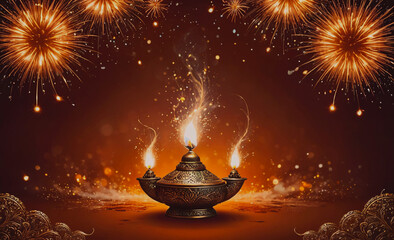 Poster - Lit candle is in a small glass lantern. The lantern is surrounded by a lot of fire