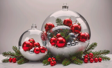 Poster - Two glass balls with red and silver balls in the middle. The balls are surrounded by pine needles and berries