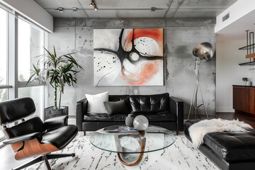 Poster - Urban chic living room with sleek black leather furniture, a glass coffee table, and a large contemporary art piece on a concrete accent wall. interiors 