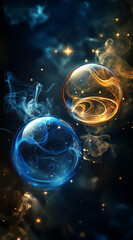 Aufkleber - Swirling blue and gold orbs surrounded by cosmic smoke and sparkles in a dark starry background showcasing ethereal beauty