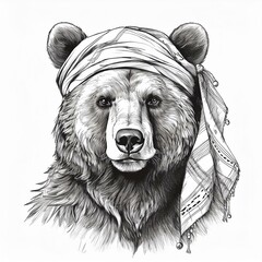 Wall Mural - illustration of a bear with headscarf on painted ink sketch drawing isolated on white background