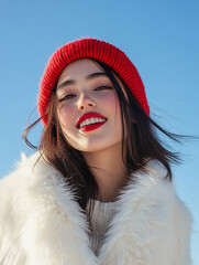 Wall Mural - Beautiful model with hat, female model with delicate makeup on blue sky background