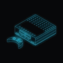 Poster - glowing blue outline of a gaming console with its wireless controller, evoking the concept of gaming