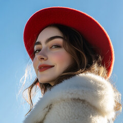 Wall Mural - Beautiful model with hat, female model with delicate makeup on blue sky background