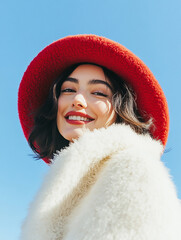 Wall Mural - Beautiful model with hat, female model with delicate makeup on blue sky background