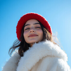 Wall Mural - Beautiful model with hat, female model with delicate makeup on blue sky background