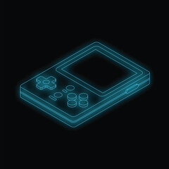 Poster - Neon blue outline of a portable video game console glowing against a dark background
