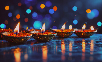 Poster - Row of lit candles in gold bowls. The bowls are gold and are placed on a table