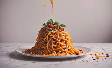Aufkleber - Plate of spaghetti with meat and vegetables. The spaghetti is piled high on the plate. There is a spoon on the plate