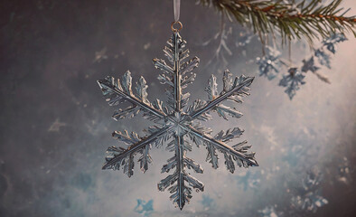 Poster - Silver snowflake ornament hangs from a tree branch. The snowflake is made of metal and has a shiny, reflective surface