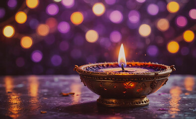 Poster - Small candle is lit in a gold bowl. The bowl is on a table. The table is dark
