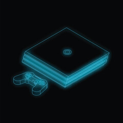 Poster - Isometric view of a glowing neon video game console and controller on a black background, perfect for technology and gaming concepts