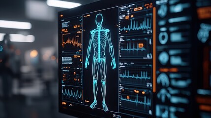 Wall Mural - Digital display of a human body scan with data visualization.