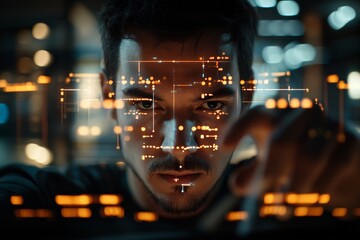 Poster - A man intently examines and interacts with a complex digital holographic interface in a futuristic setting, highlighting themes of technology and innovation.