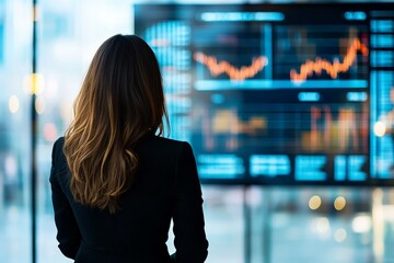 Poster - A businesswoman observing financial data on screens, symbolizing analysis, focus, and the complexity of stock markets, representing the world of finance.