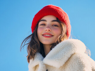 Wall Mural - Beautiful model with hat, female model with delicate makeup on blue sky background