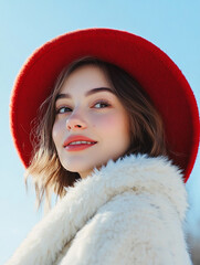 Wall Mural - Beautiful model with hat, female model with delicate makeup on blue sky background