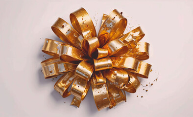 Poster - Gold ribbon is wrapped around a gold bow. The ribbon is gold and has a shiny appearance