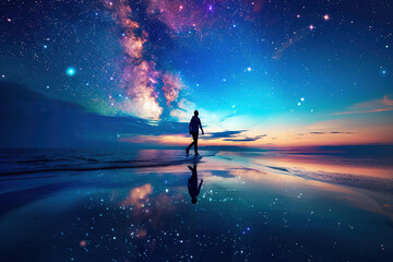 A lone man walks on the beach, under vibrant galaxies and swirling stars overhead