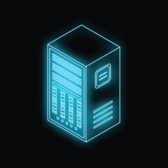 Poster - glowing blue server unit icon is depicted against a black background, symbolizing data storage, proc