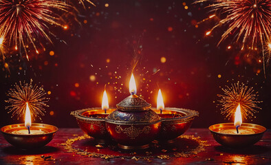 Poster - table with four lit candles in a red bowl, each candle is lit and surrounded by the bowl. the table 