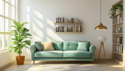 8K high quality render photo, interior of modern living room panorama 3 rendering, turquoise green sofa, indoor plant, classis lamp, modern bookshelf, modern design, creamy white walls, 