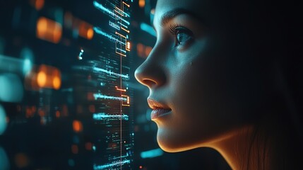Poster - AI cyber security threat, female African American IT specialist analyzing futuristic holographic data information. blue & orange color, segmented reality artificial intelligence concept banner 
