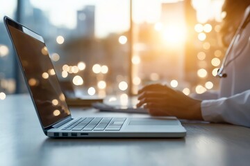 Poster - in an urban office, a person uses a laptop with sunset reflections on large glass windows in the bac