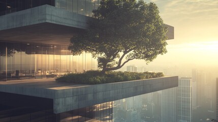 Poster - A tree is growing on the roof of a building in a city