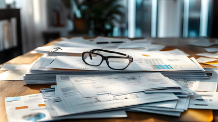 Poster - Strategic documents spread across a table, surrounded by tools for evaluation and planning, symbolizing decisionmaking processes