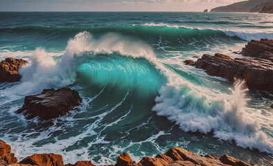 Poster - Large wave is crashing on a rocky shore. The water is blue and the rocks are brown