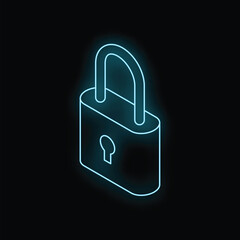 Poster - Blue neon closed padlock glowing on black background, concept of cybersecurity or data protection