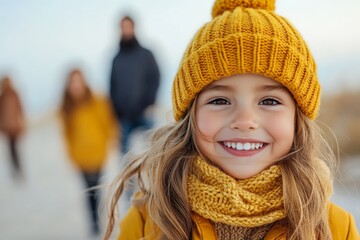 A cheerful child in bright yellow winter clothing smiles at the camera, while family members stand in the blurred background, enjoying a cold day together.