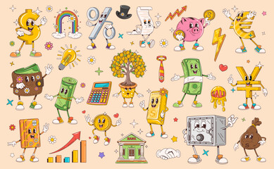 Poster - Cartoon retro groovy finance characters and symbols of money and bank. Funny smile hippie cash coins and wallet with dollars vector personages. Happy credit card, piggy bank, safe, vintage money bag