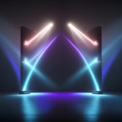 Two neon light spotlights illuminate a stage in a dark setting