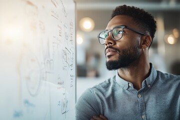 Poster - A thoughtful male analyst observes detailed charts and diagrams on a whiteboard in a bright office setting, indicating strategy, analysis, and intelligence.