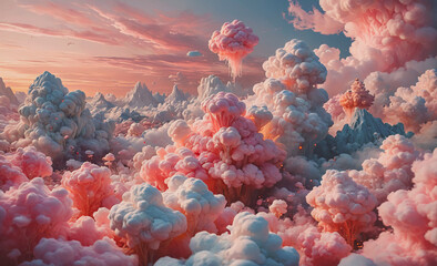 Poster - Vibrant and colorful sky filled with fluffy pink and white clouds, with a large pink and white flower nestled among them. The flower is surrounded by a variety of other pink and white clouds