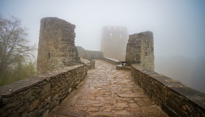 Wall Mural - medieval castle ramparts, in the mist, AI generated