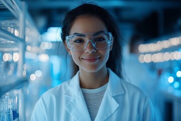Poster - A scientist smiles confidently in a contemporary laboratory setting, showcasing her commitment and expertise while wearing protective safety goggles and a lab coat.