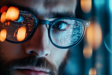 Poster - Close-up of a man's eye behind stylish glasses reflecting a city skyline, juxtaposing technology and personal perspective in a vibrant urban setting.